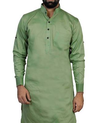 Green Cotton Plain Men Kurta 4