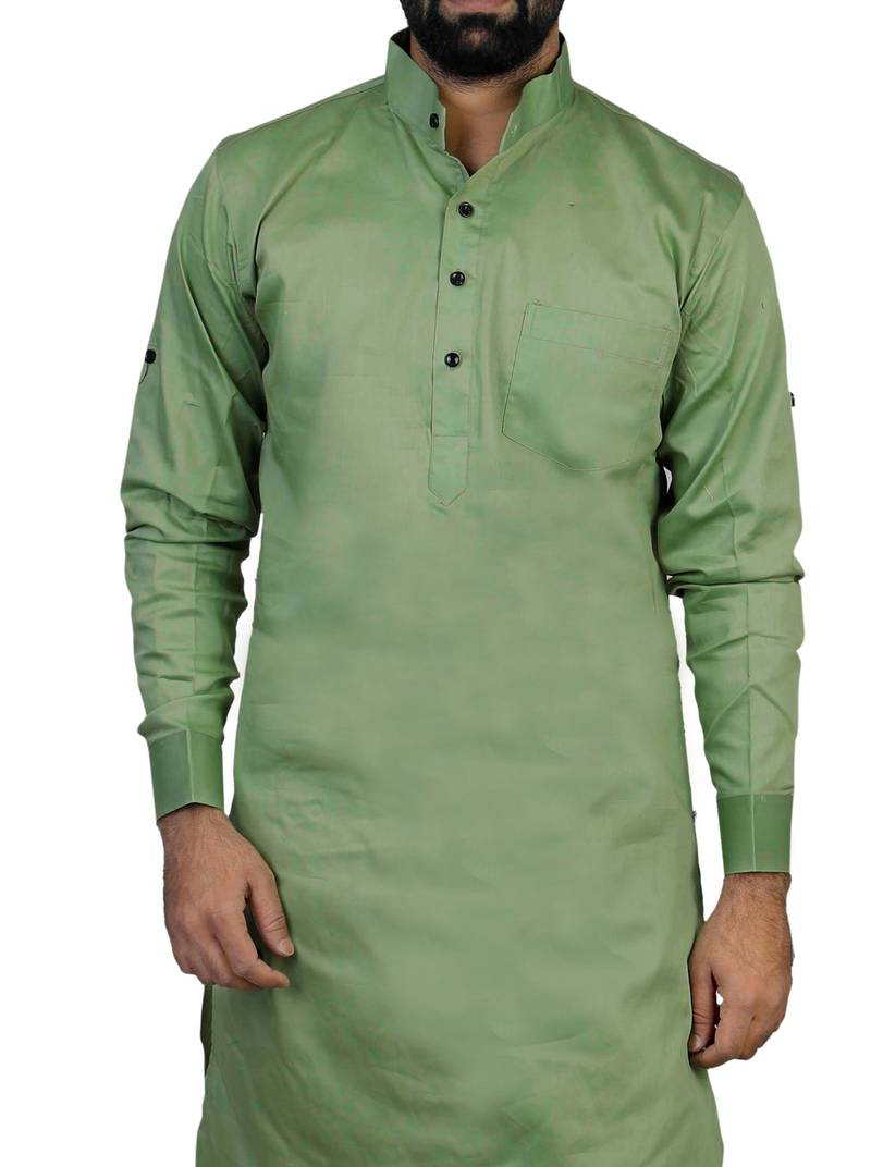 Green Cotton Plain Men Kurta