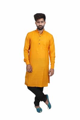 Yellow Cotton Plain Men Kurta 1