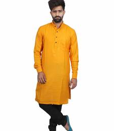 Yellow Cotton Plain Men Kurta
