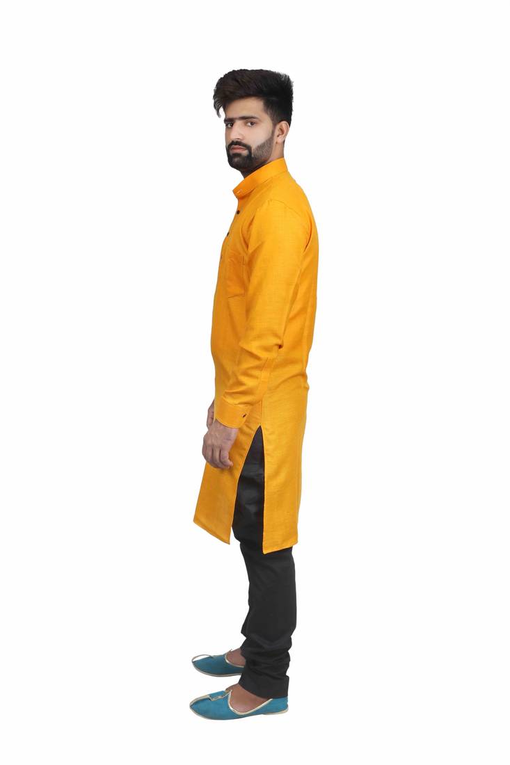 Yellow Cotton Plain Men Kurta