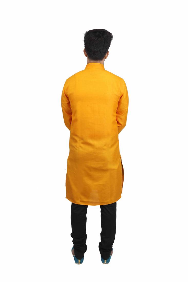 Yellow Cotton Plain Men Kurta