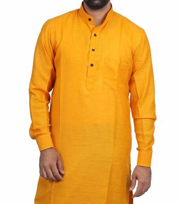 Yellow Cotton Plain Men Kurta 4