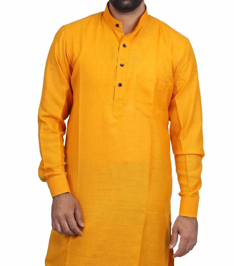Yellow Cotton Plain Men Kurta