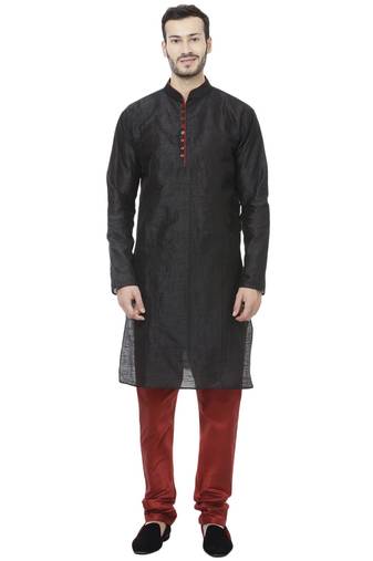 Black Dupion Silk Plain Men Kurta Pajama
