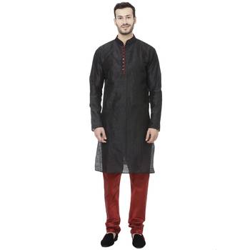 Black Dupion Silk Plain Men Kurta Pajama 1