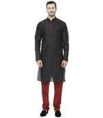 Black Dupion Silk Plain Men Kurta Pajama