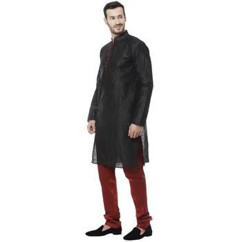 Black Dupion Silk Plain Men Kurta Pajama 2