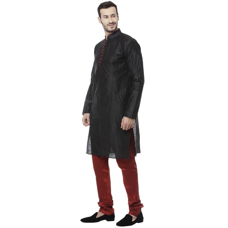 Black Dupion Silk Plain Men Kurta Pajama