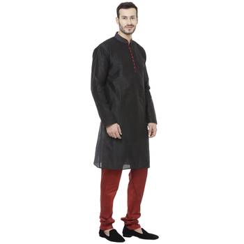 Black Dupion Silk Plain Men Kurta Pajama 3