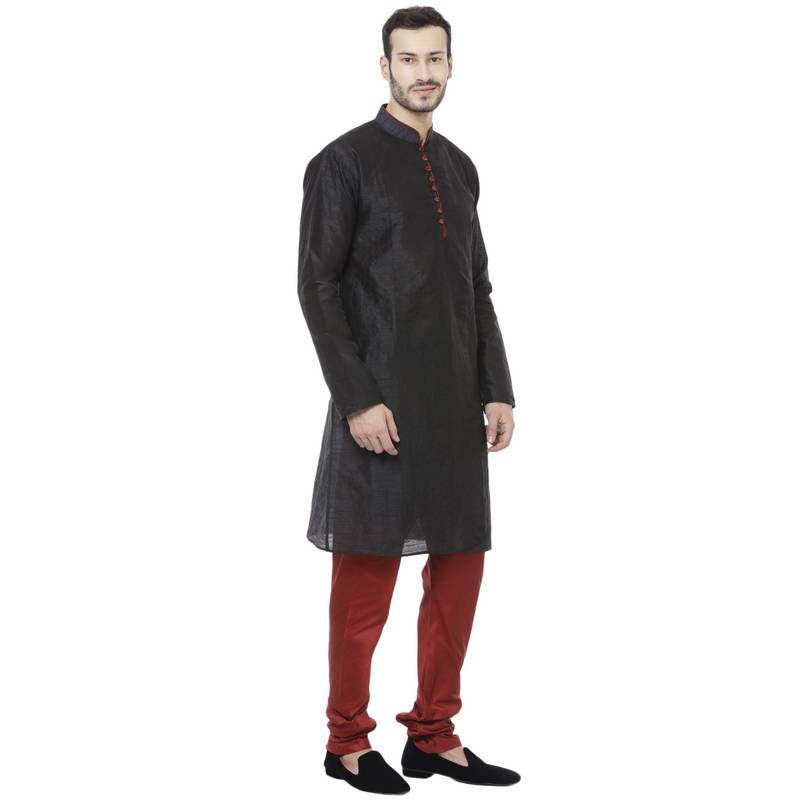 Black Dupion Silk Plain Men Kurta Pajama
