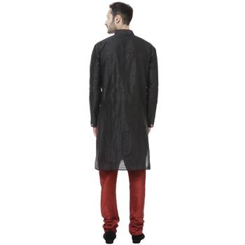 Black Dupion Silk Plain Men Kurta Pajama 4