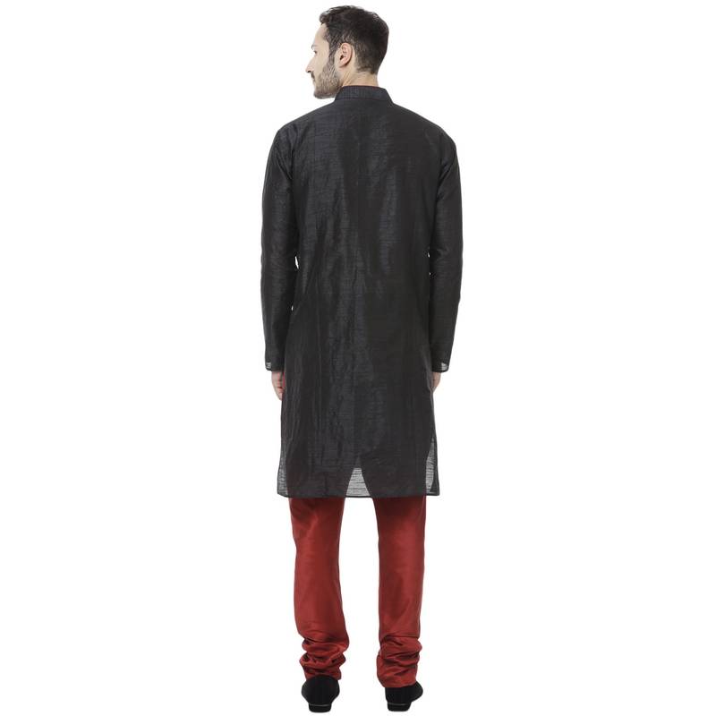 Black Dupion Silk Plain Men Kurta Pajama