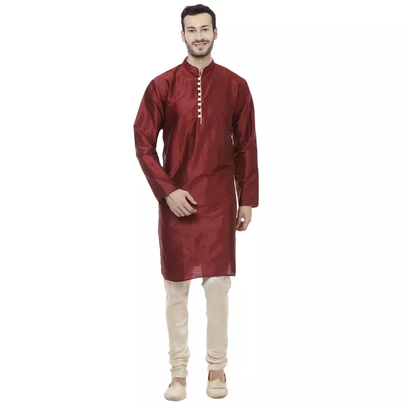 Maroon Dupion Silk Plain Men Kurta Pajama