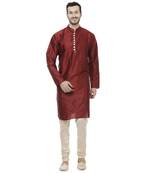 Maroon Dupion Silk Plain Men Kurta Pajama
