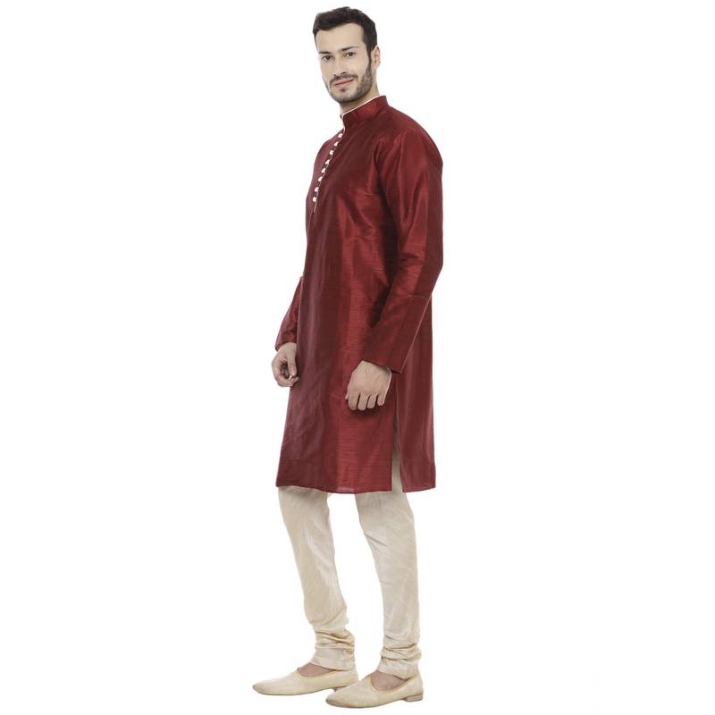 Maroon Dupion Silk Plain Men Kurta Pajama