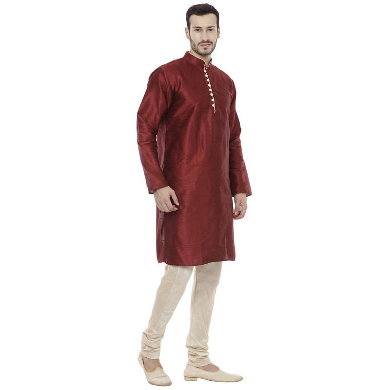 Maroon Dupion Silk Plain Men Kurta Pajama