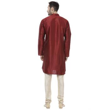 Maroon Dupion Silk Plain Men Kurta Pajama 4