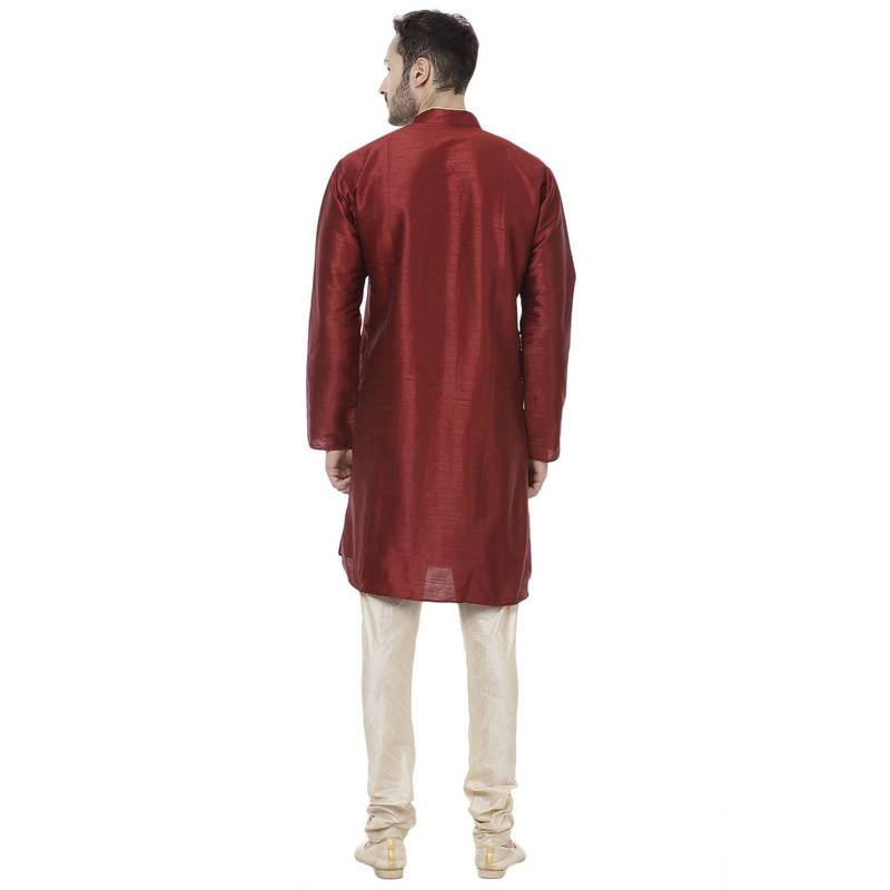 Maroon Dupion Silk Plain Men Kurta Pajama