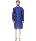 Blue Dupion Silk Plain Men Kurta Pajama
