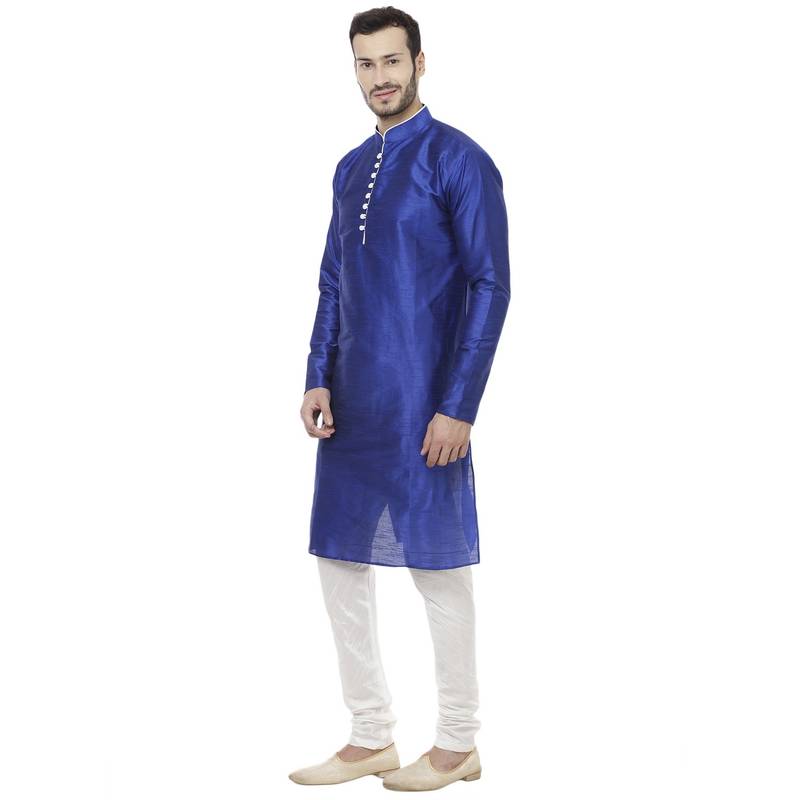 Blue Dupion Silk Plain Men Kurta Pajama