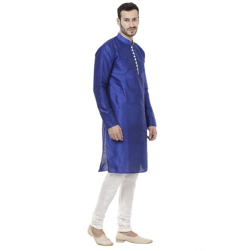 Blue Dupion Silk Plain Men Kurta Pajama
