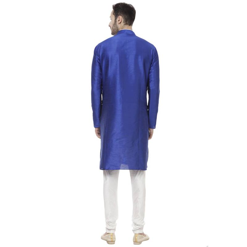 Blue Dupion Silk Plain Men Kurta Pajama
