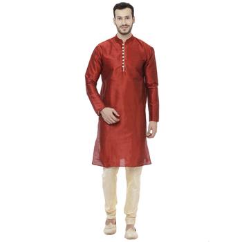 Red Dupion Silk Plain Men Kurta Pajama 1