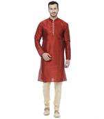 Red Dupion Silk Plain Men Kurta Pajama