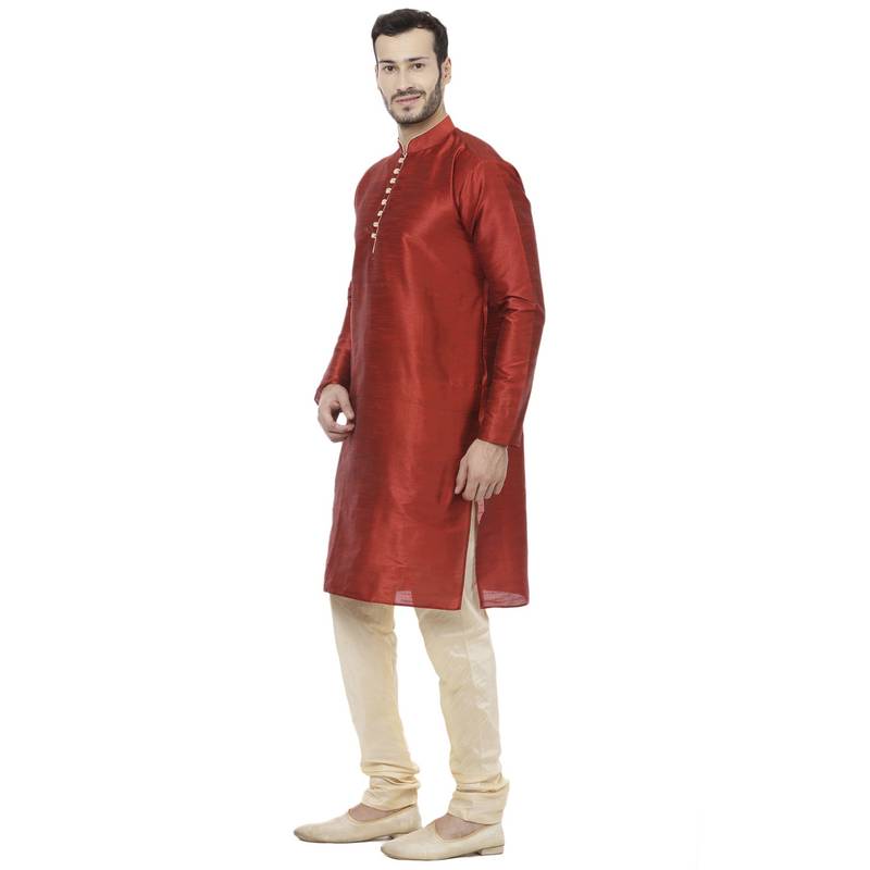 Red Dupion Silk Plain Men Kurta Pajama