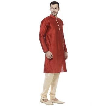 Red Dupion Silk Plain Men Kurta Pajama 3