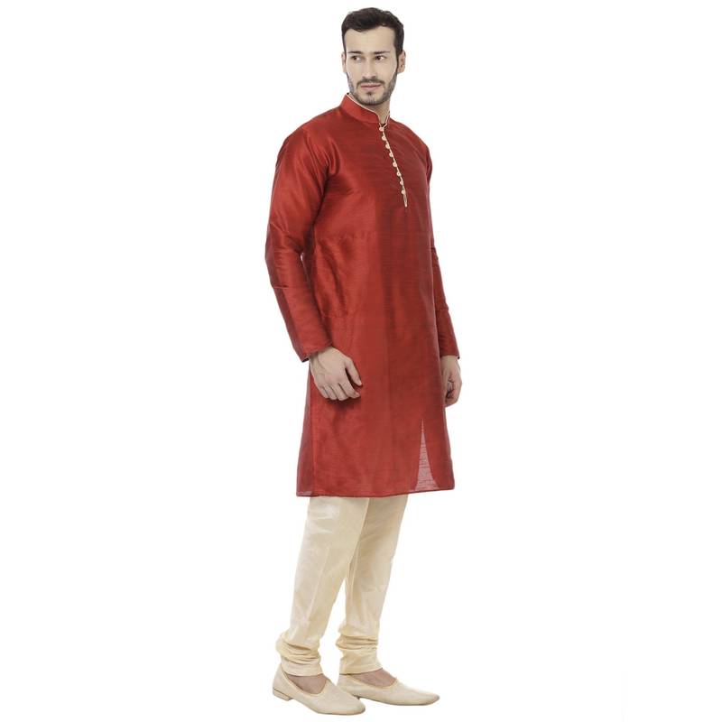 Red Dupion Silk Plain Men Kurta Pajama