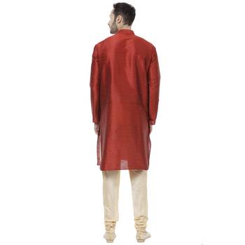 Red Dupion Silk Plain Men Kurta Pajama 4