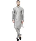 Grey Dupion Silk Plain Men Kurta Pajama