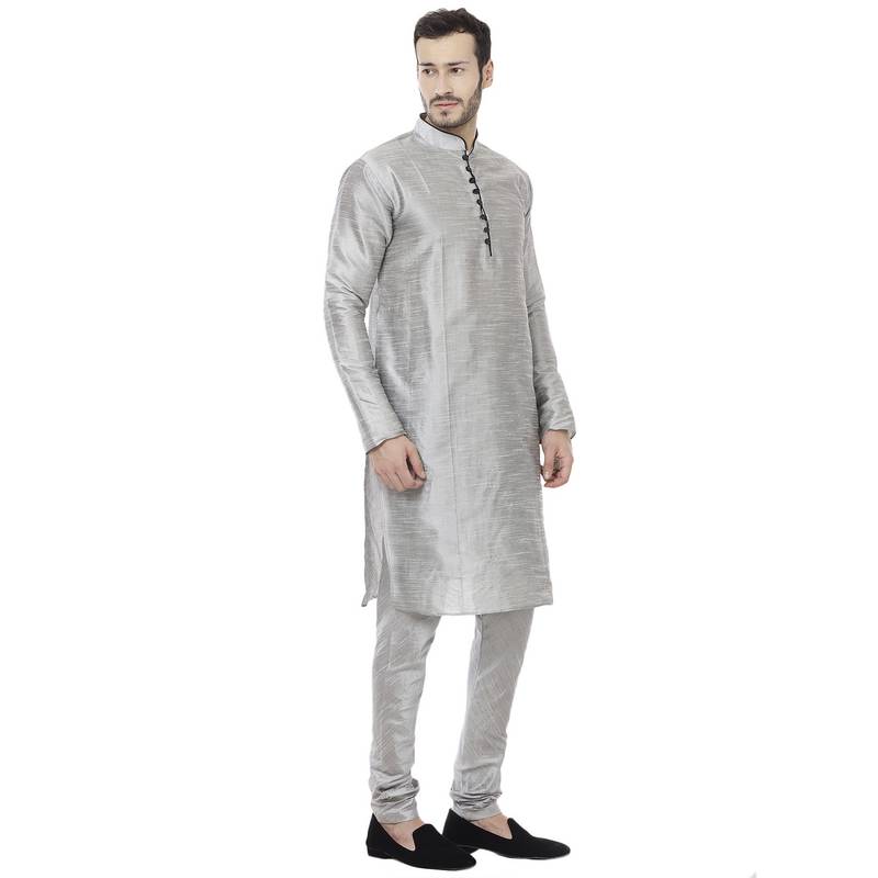 Grey Dupion Silk Plain Men Kurta Pajama