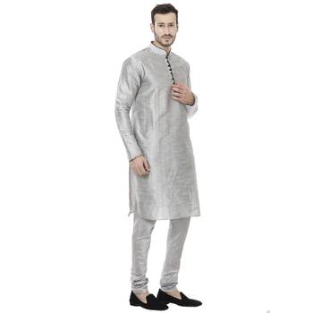 Grey Dupion Silk Plain Men Kurta Pajama 3