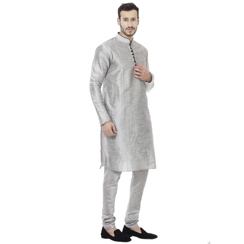Grey Dupion Silk Plain Men Kurta Pajama