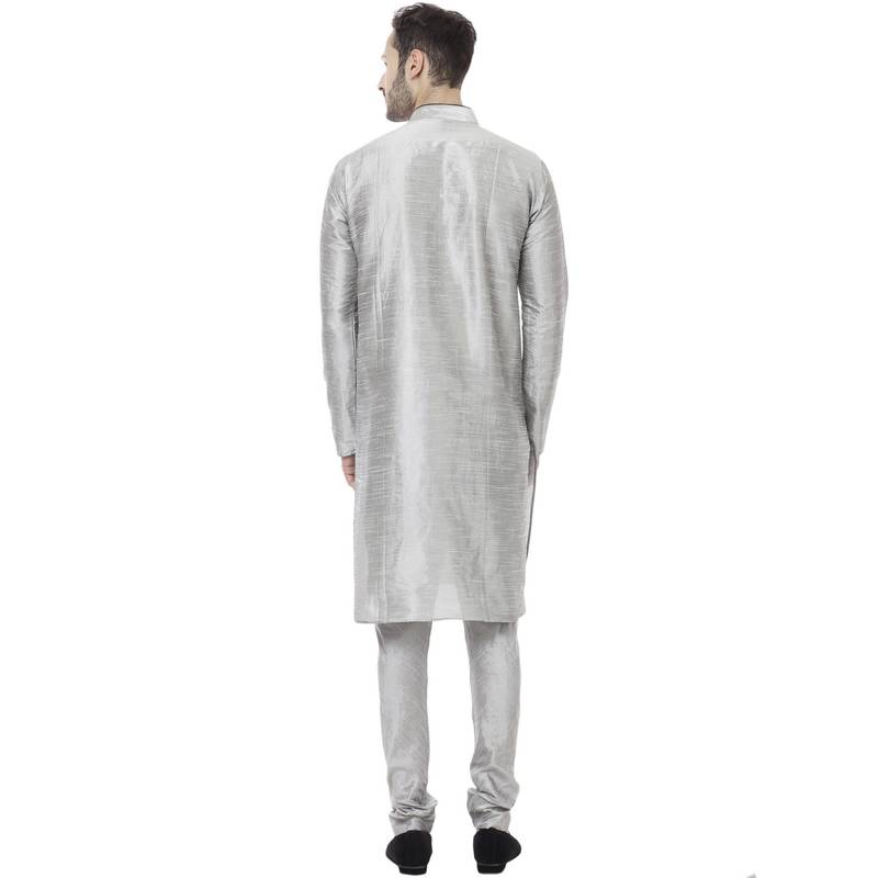 Grey Dupion Silk Plain Men Kurta Pajama