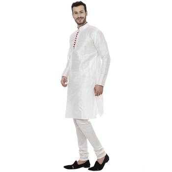 White Dupion Silk Plain Men Kurta Pajama 2
