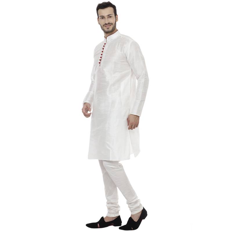 White Dupion Silk Plain Men Kurta Pajama