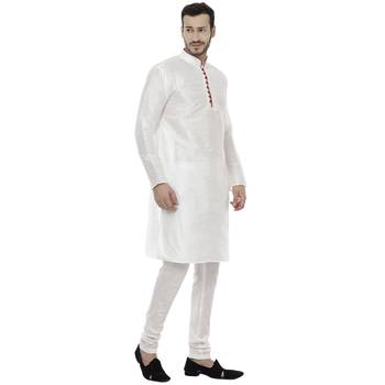 White Dupion Silk Plain Men Kurta Pajama 3