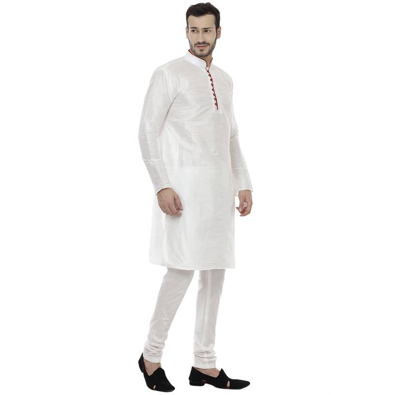 White Dupion Silk Plain Men Kurta Pajama