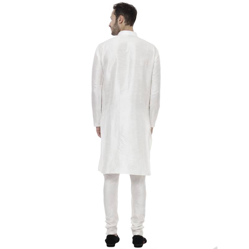 White Dupion Silk Plain Men Kurta Pajama