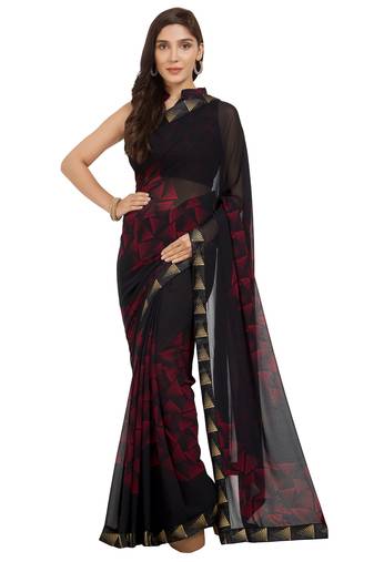 Black Printed Faux Georgette Saree With Blouse
