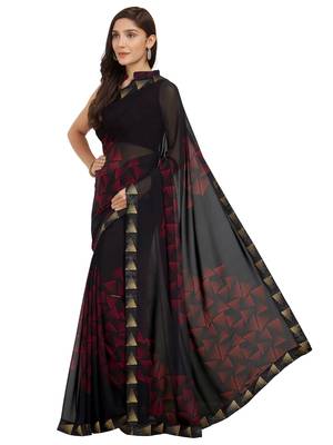 Black Printed Faux Georgette Saree With Blouse 3