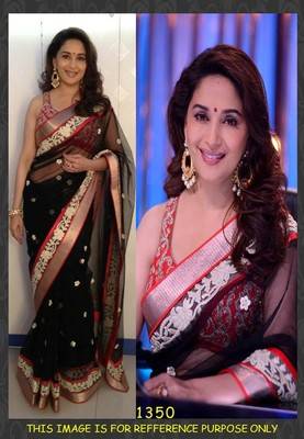 Designer Madhuri Dixit Black Net Saree with raw_silk blouse with Satin inner and Multi work on it 1