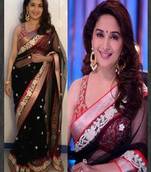 Designer Madhuri Dixit Black Net Saree with raw_silk blouse with Satin inner and Multi work on it