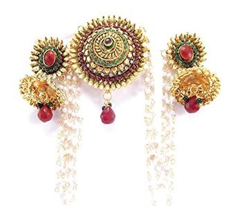 Bollywood Ruby Emerald Kundan Cz Gold Tone Bridal Hair Accessories