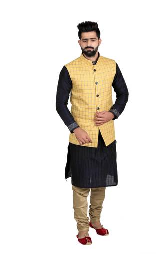 Yellow Jute Printed Nehru Style Jacket