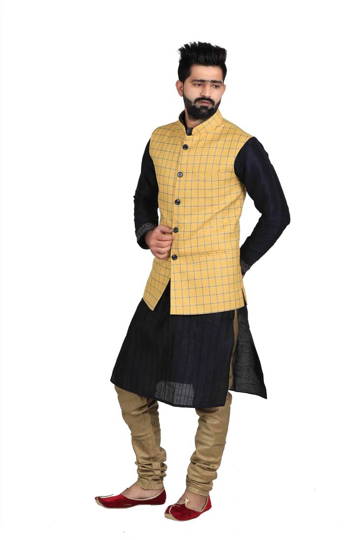 Yellow Jute Printed Nehru Style Jacket